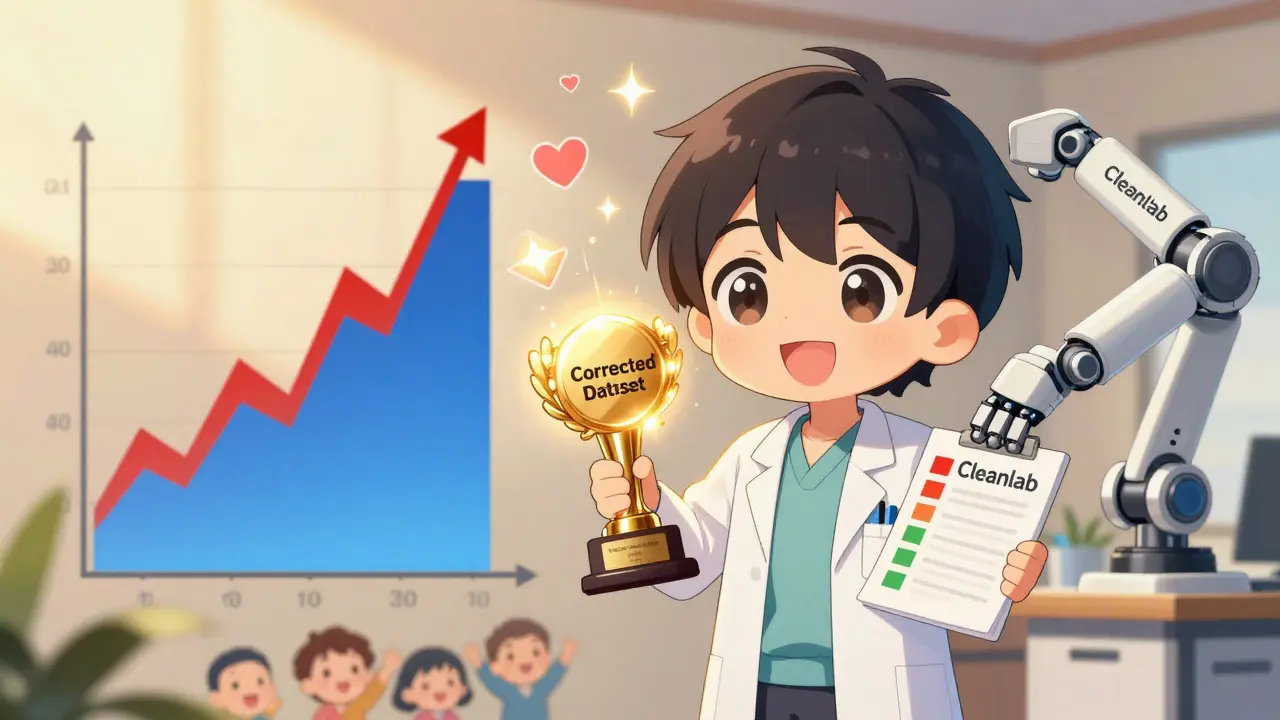 Radiologist celebrating as corrected labels turn red errors into green successes.