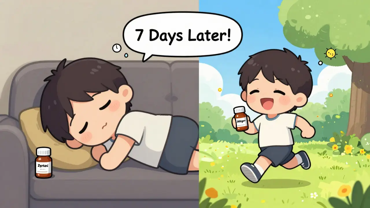 Split scene: chibi person sleepy on couch vs. same person jogging happily with Allegra, contrasting moods.