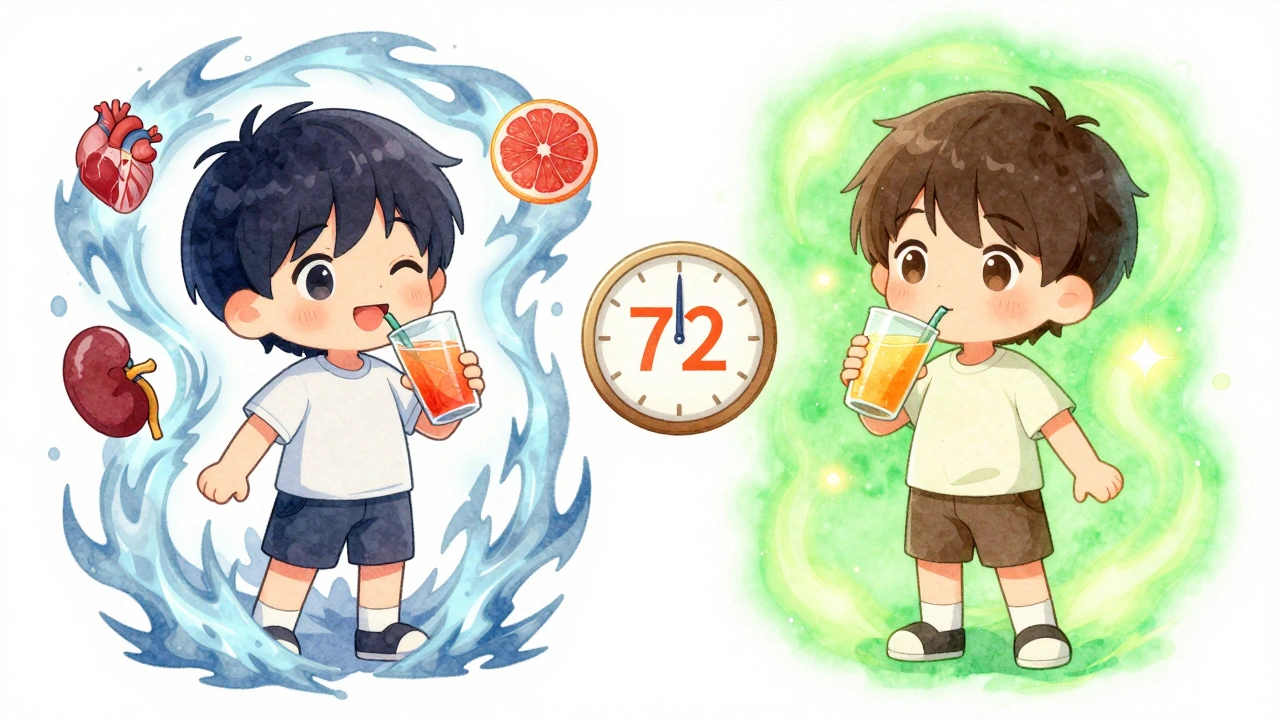 Split scene: dangerous grapefruit juice effect vs. safe orange juice with glowing organs.