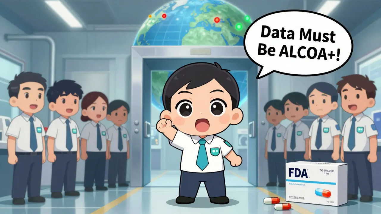 Surprised factory workers greeted by a surprise FDA inspector with glowing inspection badge.