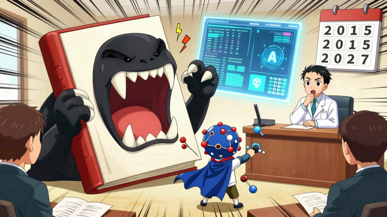 Tiny biosimilar hero defeating a giant patent law book in a courtroom with floating data charts.