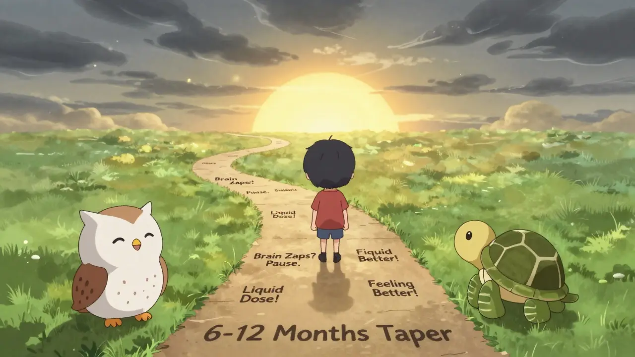 Tiny character walking a long path labeled with tapering milestones, guided by spirit animals under a sunrise sky.