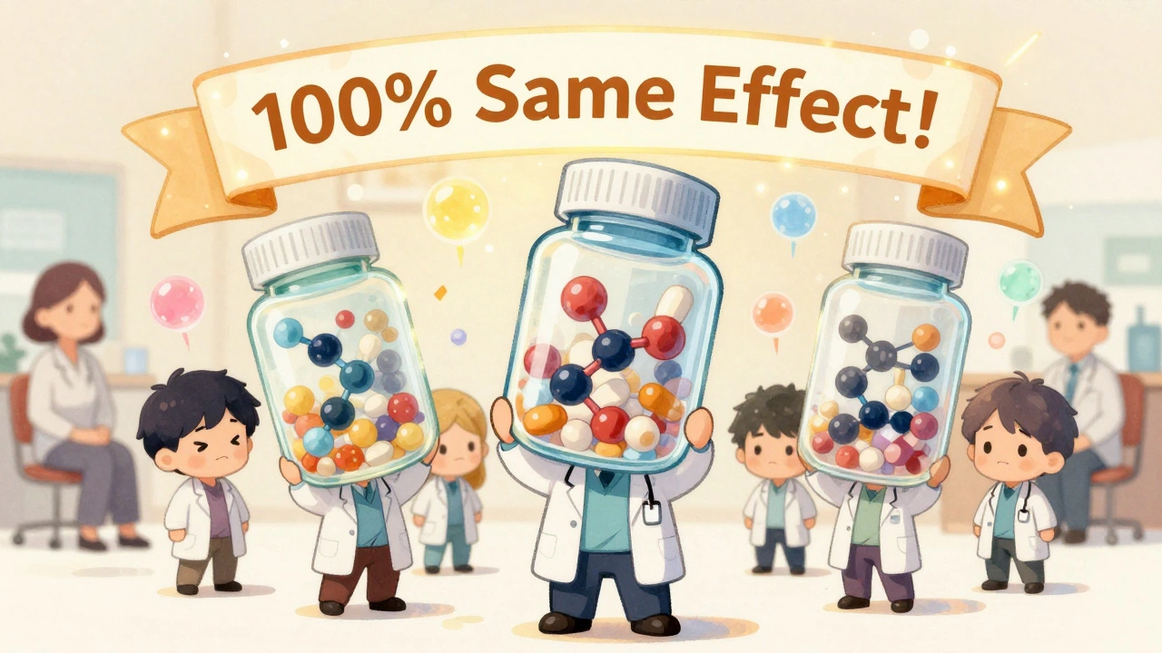 Tiny doctors compare identical drug molecules inside glowing bottles, patients becoming more confident.