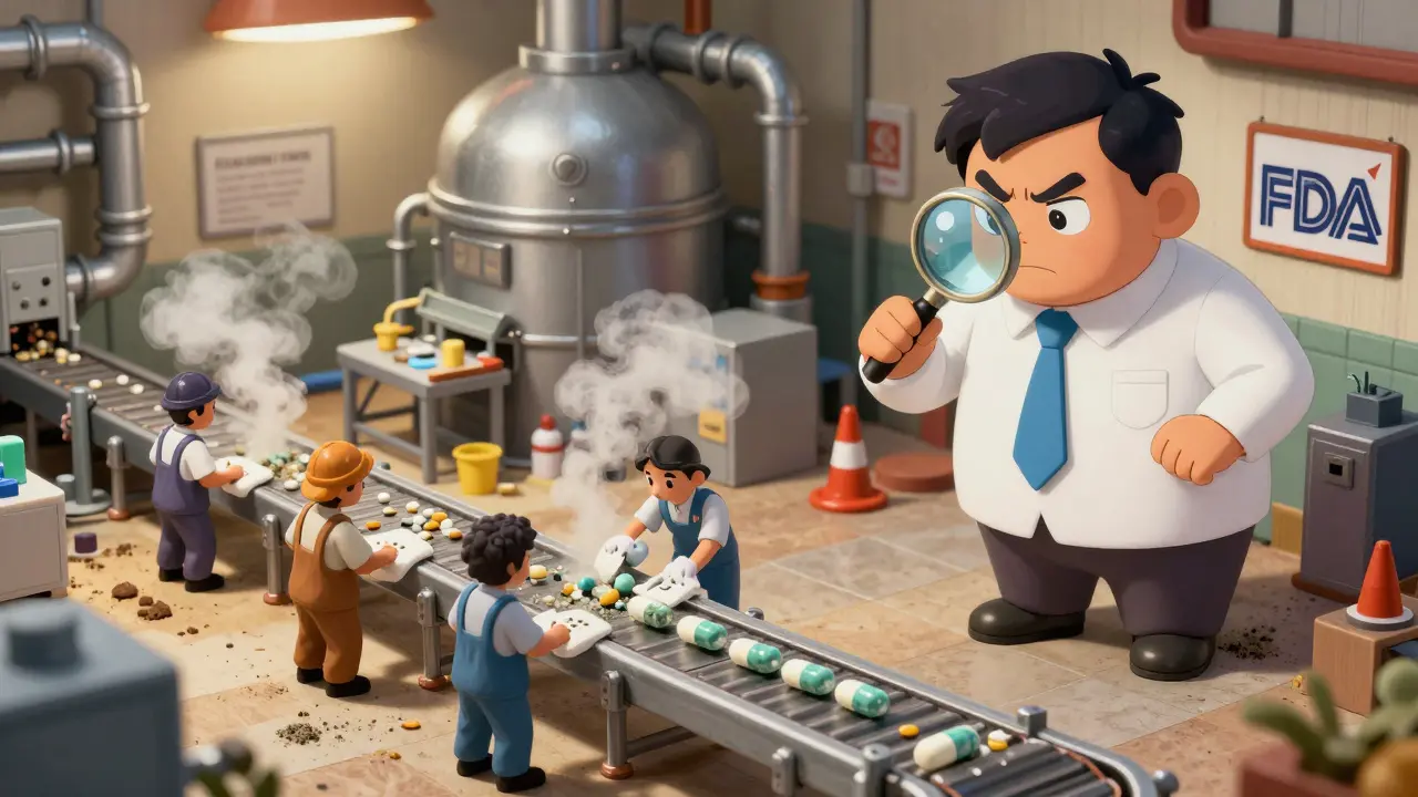 Tiny factory workers ignoring quality control as moldy pills roll away