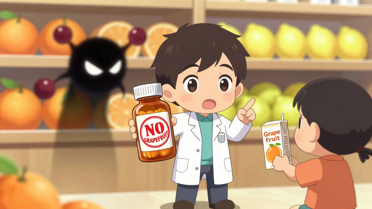 Tiny pharmacist warning a patient about grapefruit juice while safe citrus fruits glow nearby.