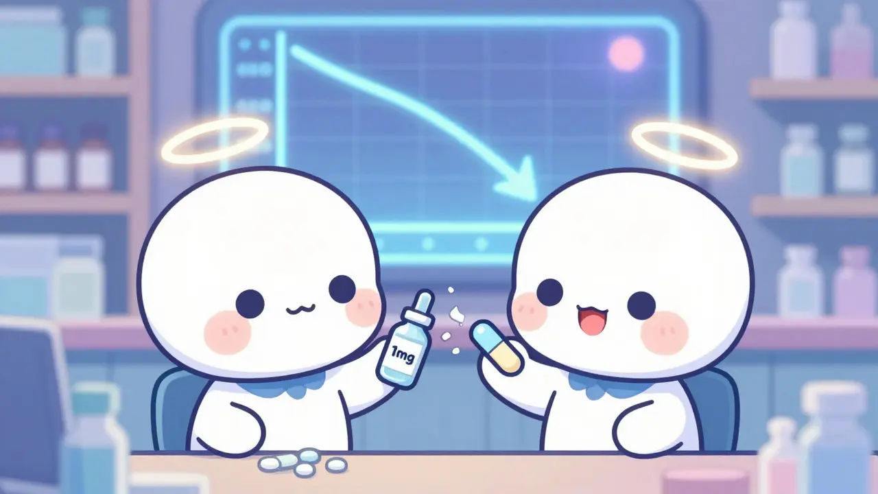 Two chibi characters exchanging liquid medication in a cozy pharmacy with a gradual taper chart in the background.