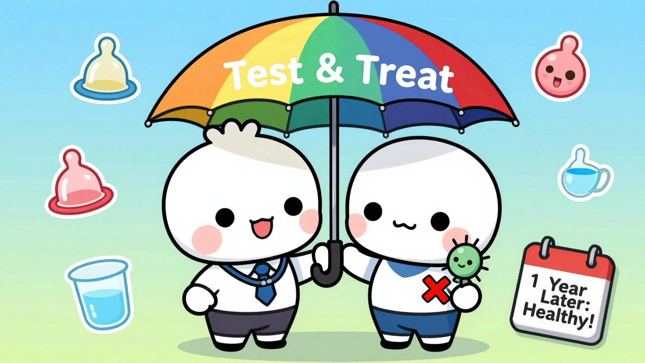 Two chibi figures under an umbrella with STI prevention icons, celebrating health.