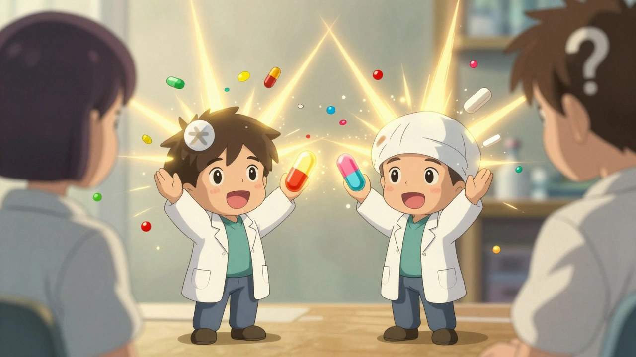 Two glowing pills side by side with floating inactive ingredients.