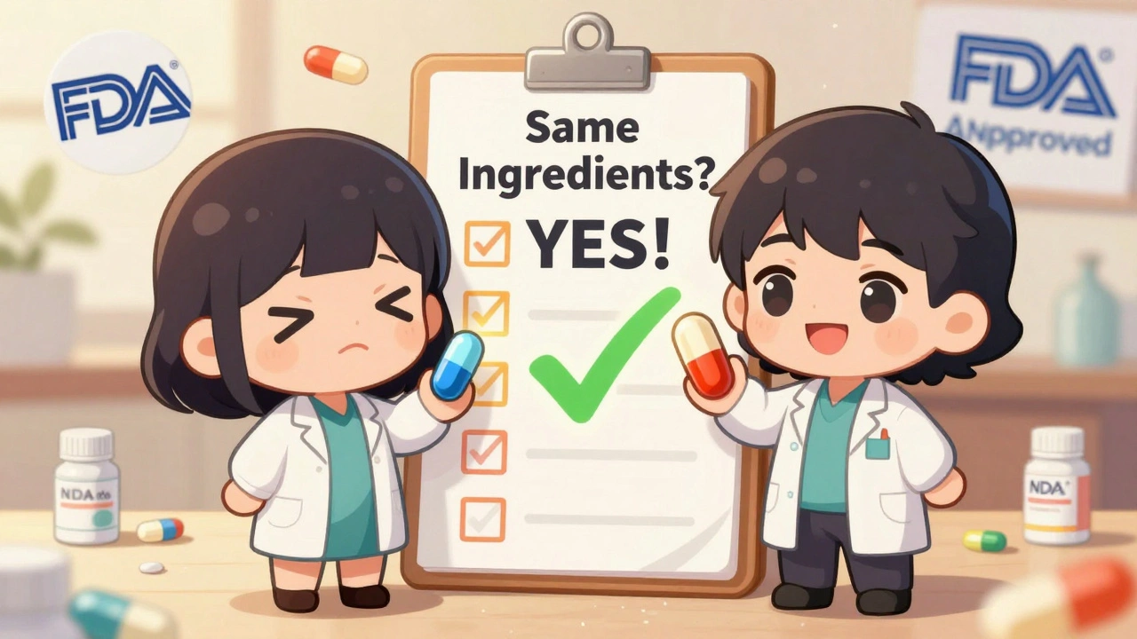 Two pharmacists comparing pills—one confused, one confident—next to a glowing &#039;Same Ingredients&#039; checklist.