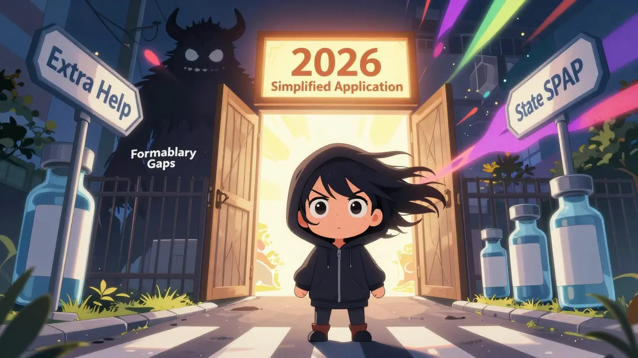 A person choosing between federal and state drug help programs, with a glowing application doorway ahead.