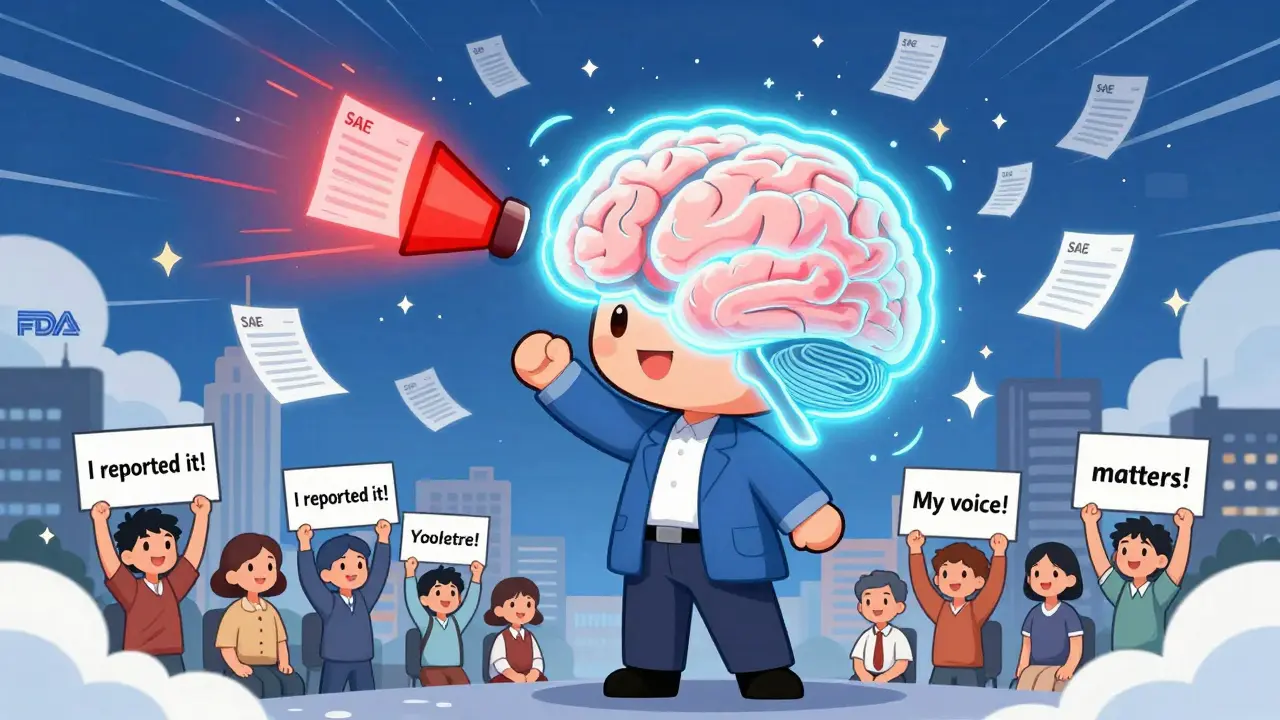 AI scanning SAE reports as patients celebrate reporting side effects.