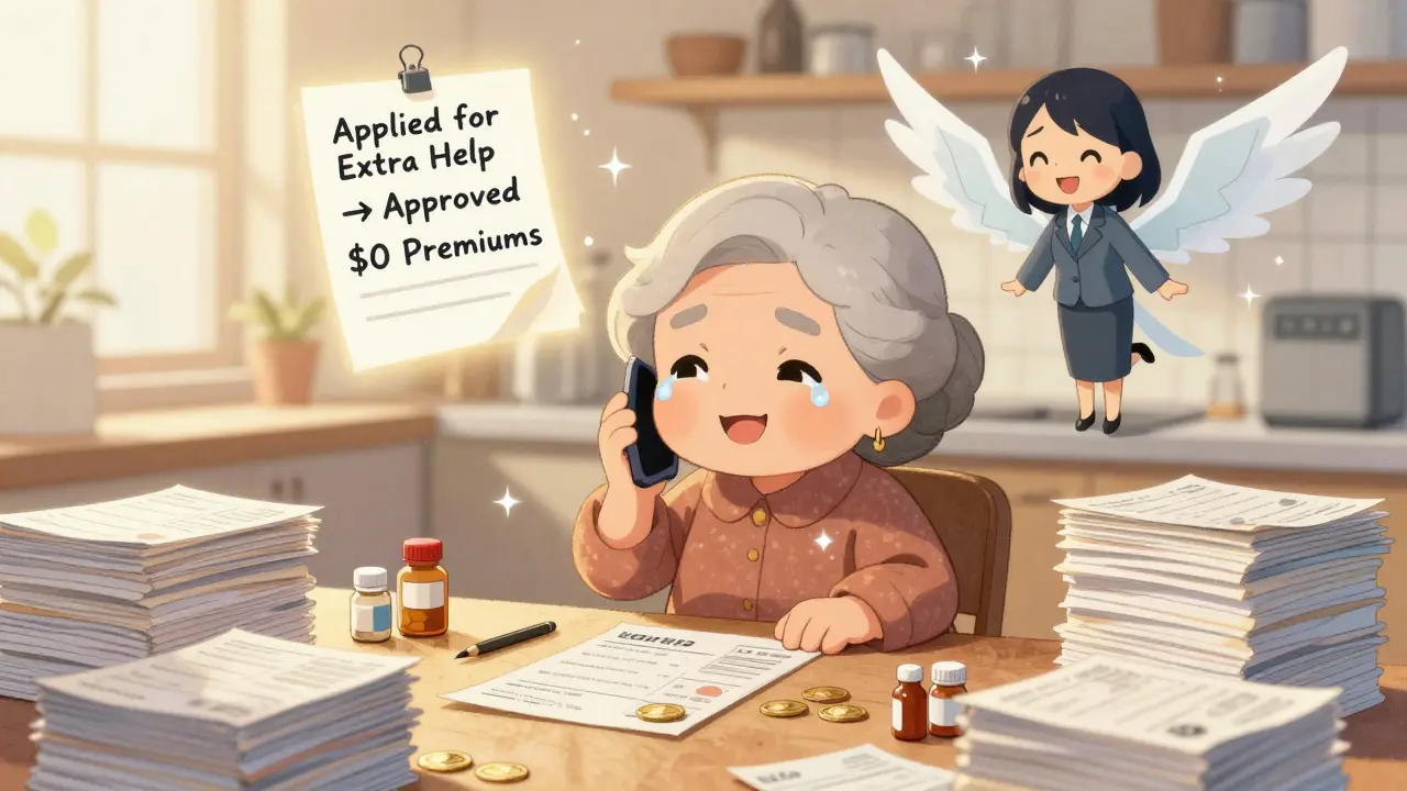 An elderly woman talking to a friendly anime counselor as medical bills shrink into coins on her kitchen table.
