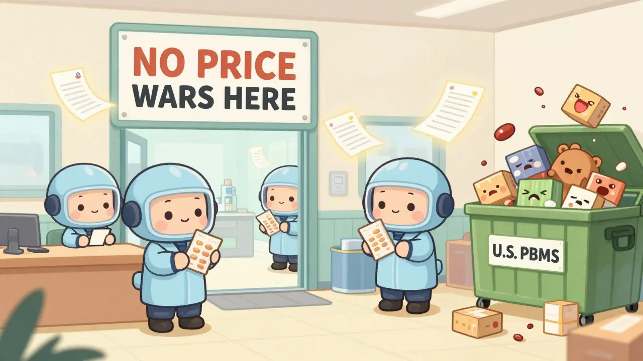 Calm factory workers packaging drugs for global clients, away from price wars.