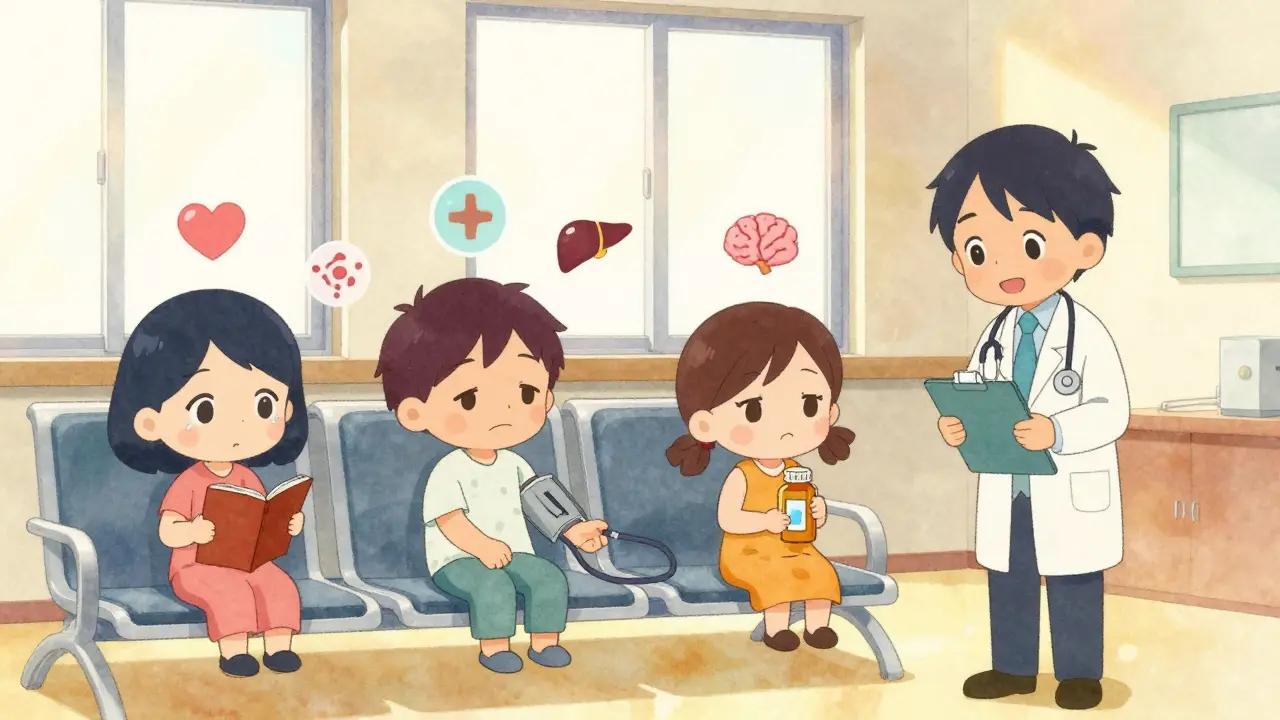 Chibi patients in a clinic with health icons floating above them, warm lighting, emotional yet hopeful.