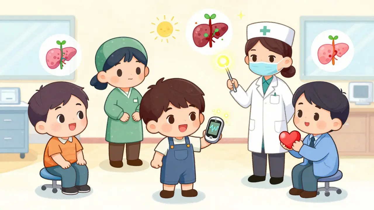 Chibi patients in clinic receiving vitamins, glucose monitor, and emotional support