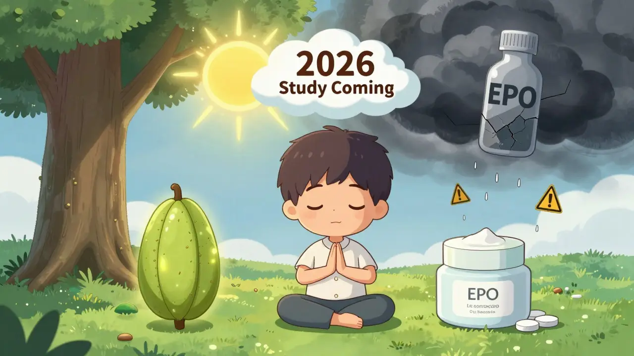 Chibi person meditating with safe alternatives like flaxseed and ceramide cream, while an EPO storm fades away.