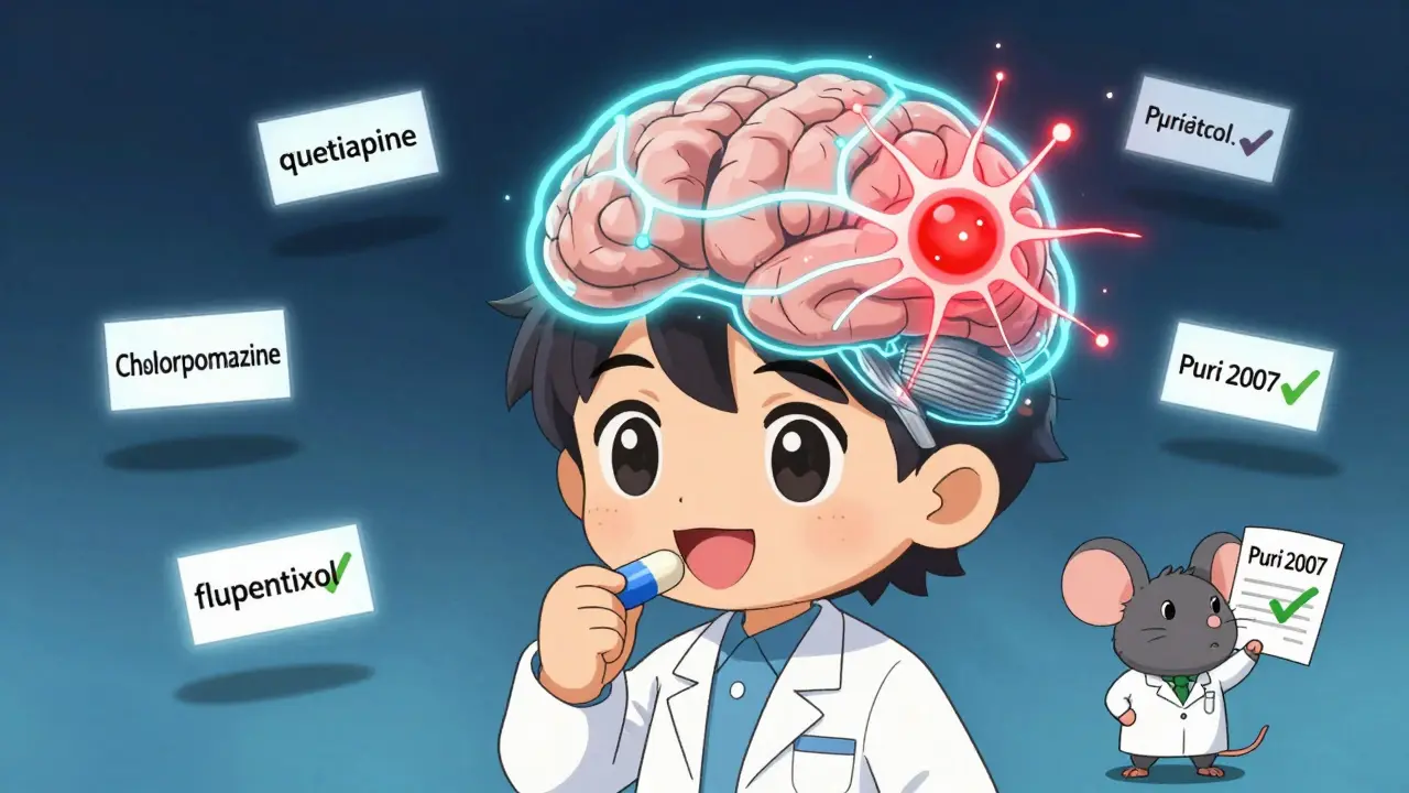 Chibi person taking EPO with a sparking neuron in their brain and antipsychotic drug labels floating nearby.
