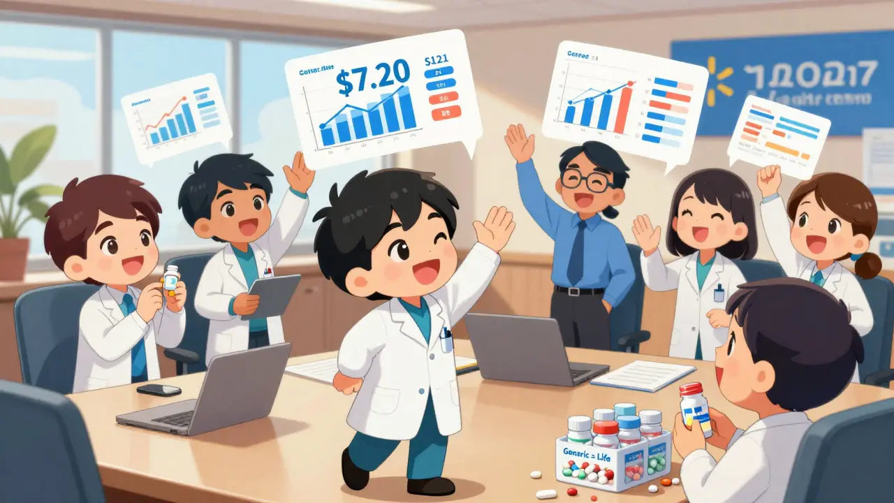 Chibi pharmacists celebrating with HR team as dollar signs turn to hearts and employees take affordable meds.