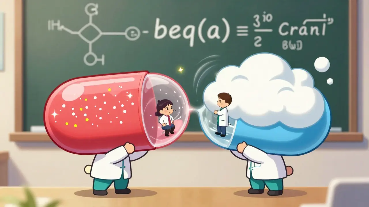 Chibi pharmacists debating pill ingredients with swirling absorption rates inside a split combo pill.