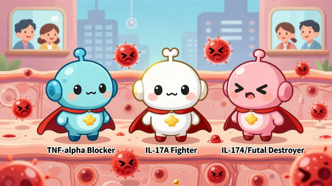 Cute biologic drug heroes fighting inflammatory cells in a cartoon skin landscape.