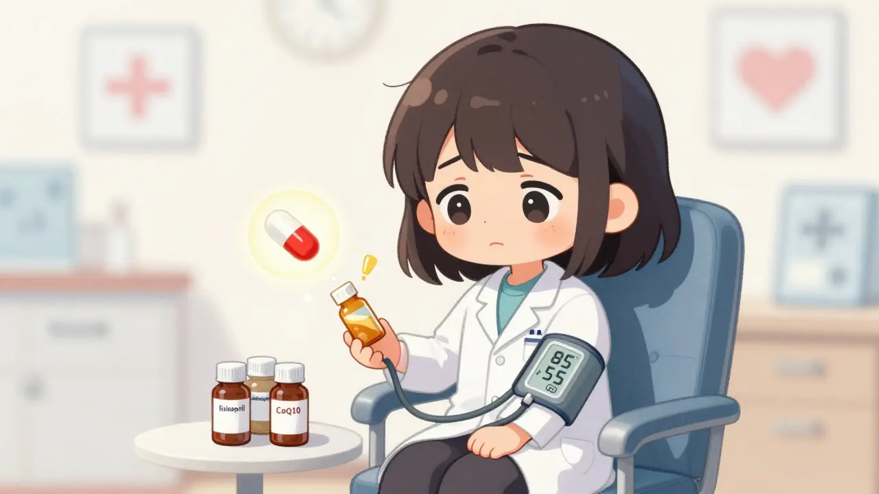 Cute patient with dangerously low blood pressure reading, medication bottles and warning sign nearby.