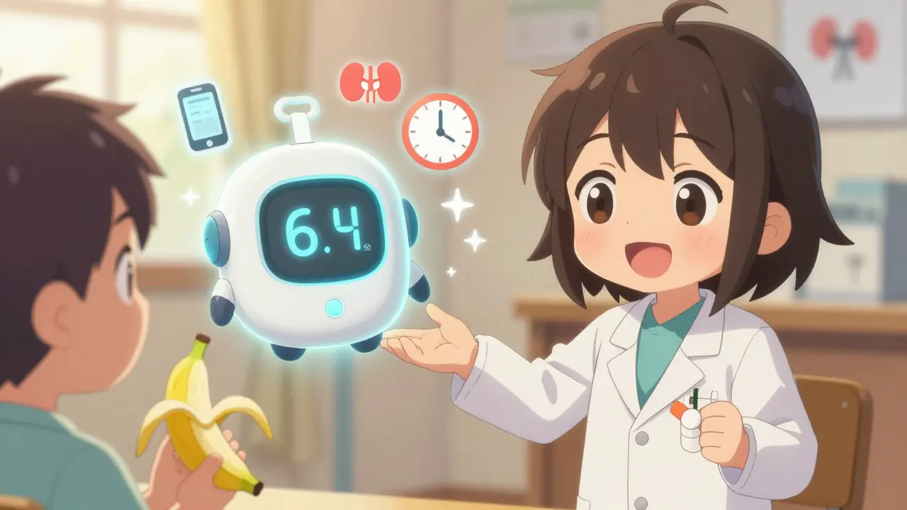 Doctor gives patient a CGM robot and snacks, safe diabetes management theme.