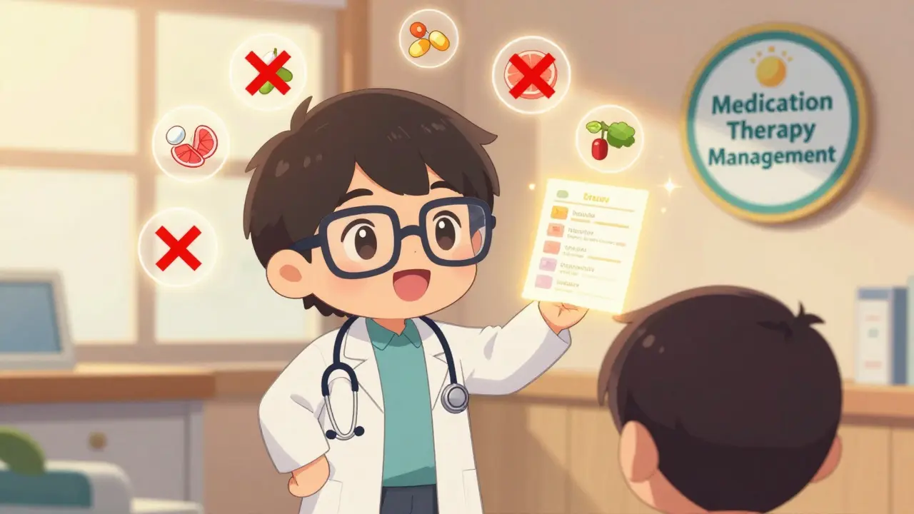 Friendly pharmacist reviewing a glowing medication chart with dangerous drug interactions being canceled out.