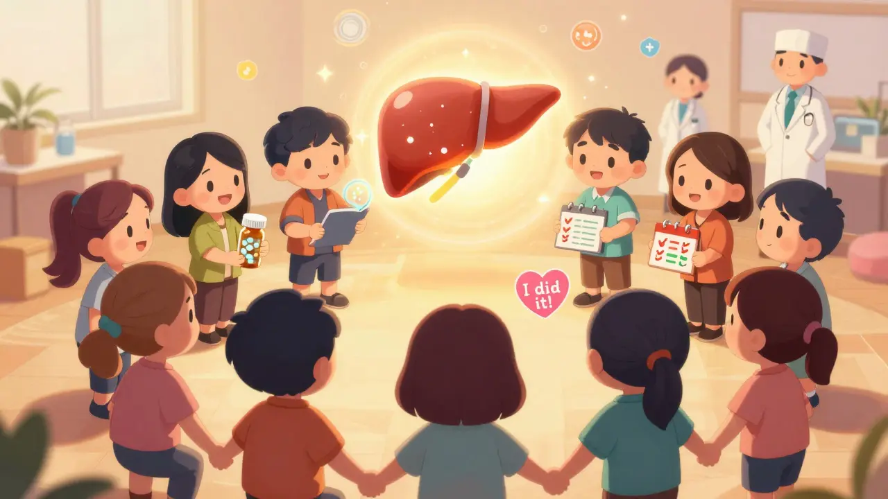 Group of patients celebrating with medical tools, glowing healthy liver in background.