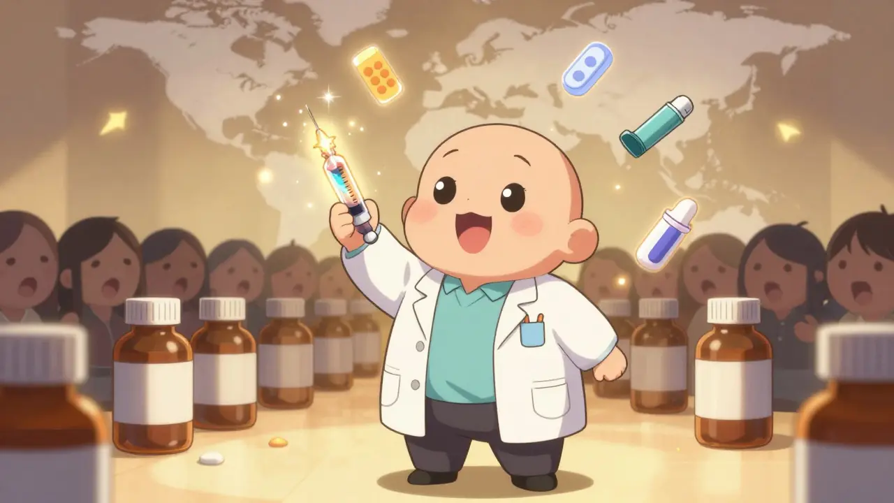 Happy scientist holding a glowing complex injectable drug as simple pills shrink away.