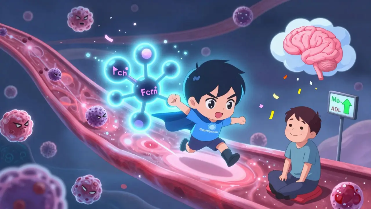 Heroic FcRn inhibitor molecule banishing antibodies from bloodstream as patient's fatigue clouds disappear.