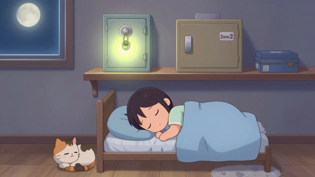 Locked medicine safe on high shelf above sleeping child and cat in moonlit room.