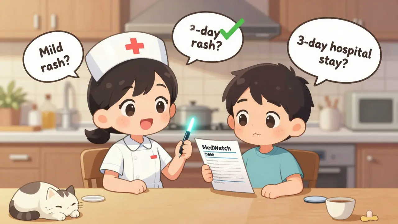 Nurse and patient filling out MedWatch form with floating question marks about symptoms.