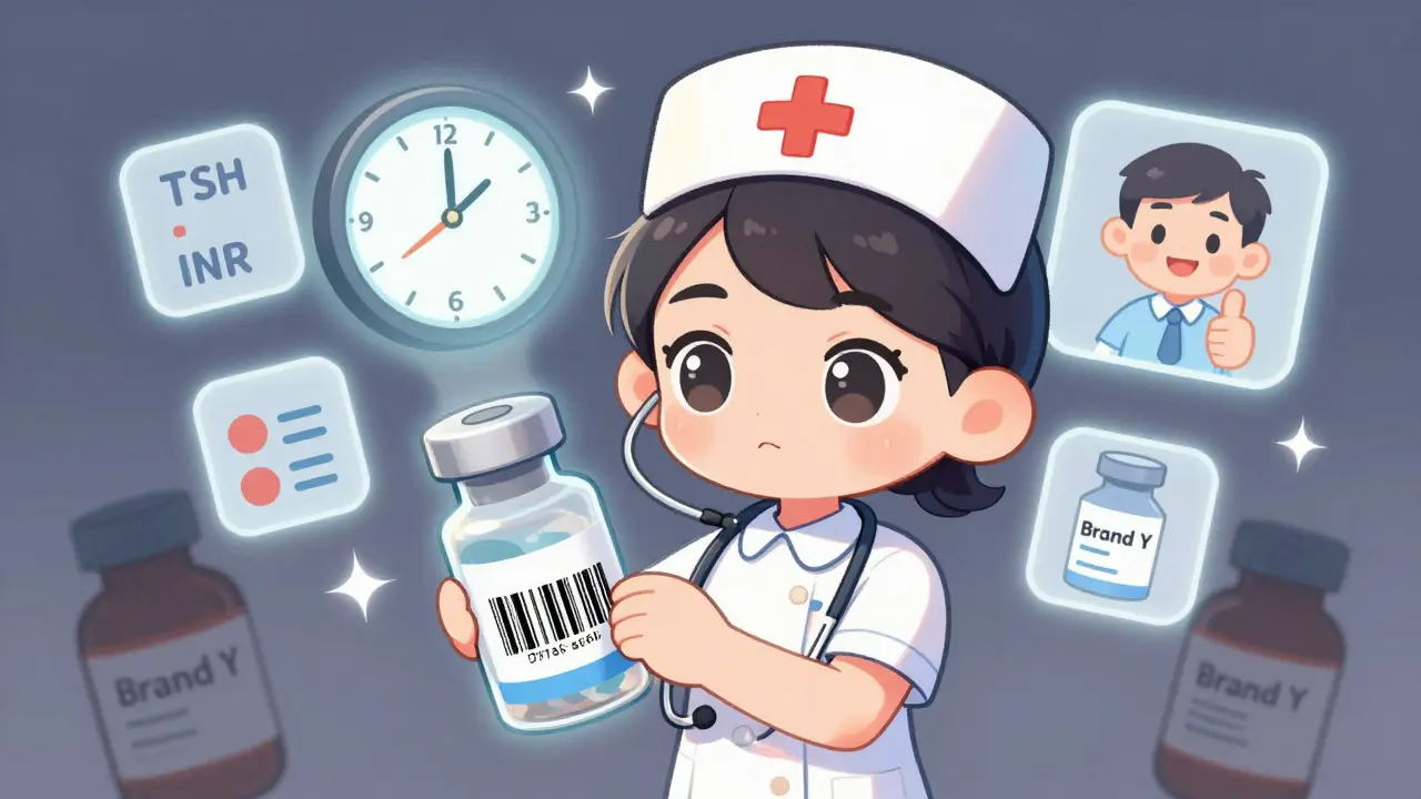Nurse scanning a combo drug barcode as vital signs float nearby, with a ticking 72-hour clock.