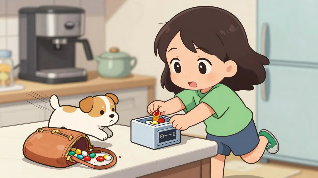 Parent putting gummy vitamins in a lockbox as a puppy jumps toward spilled pills.