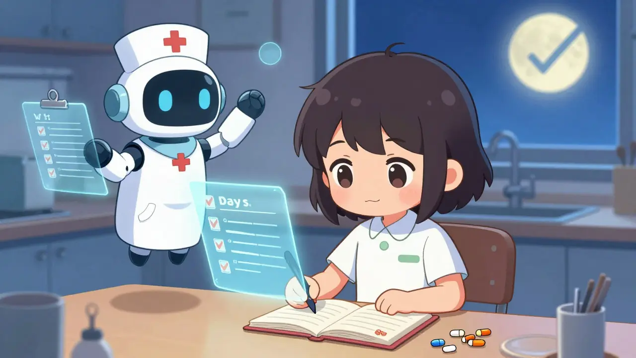 Patient journaling symptoms at night as a nurse and AI robot help track medications.