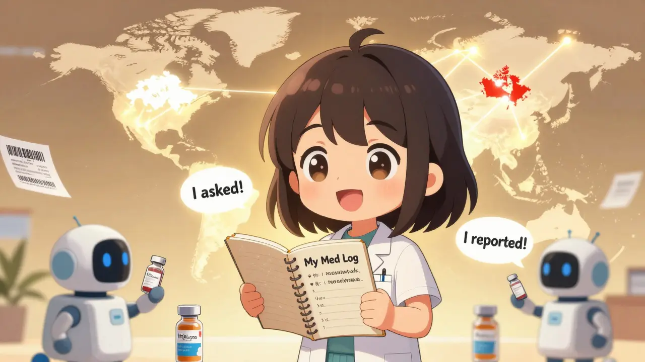 Patient logging biosimilar details with AI scanners and global tracking map in background.