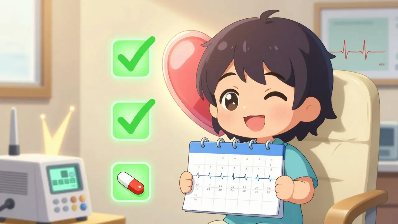 Patient smiling with monthly ECG calendar and protective heart shield, safe treatment symbols glowing.