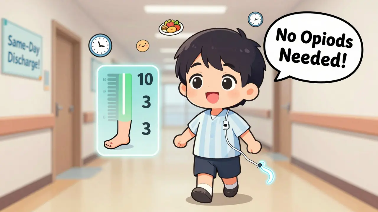 Patient walking with glowing infusion catheter as pain scale drops and discharge icons appear.