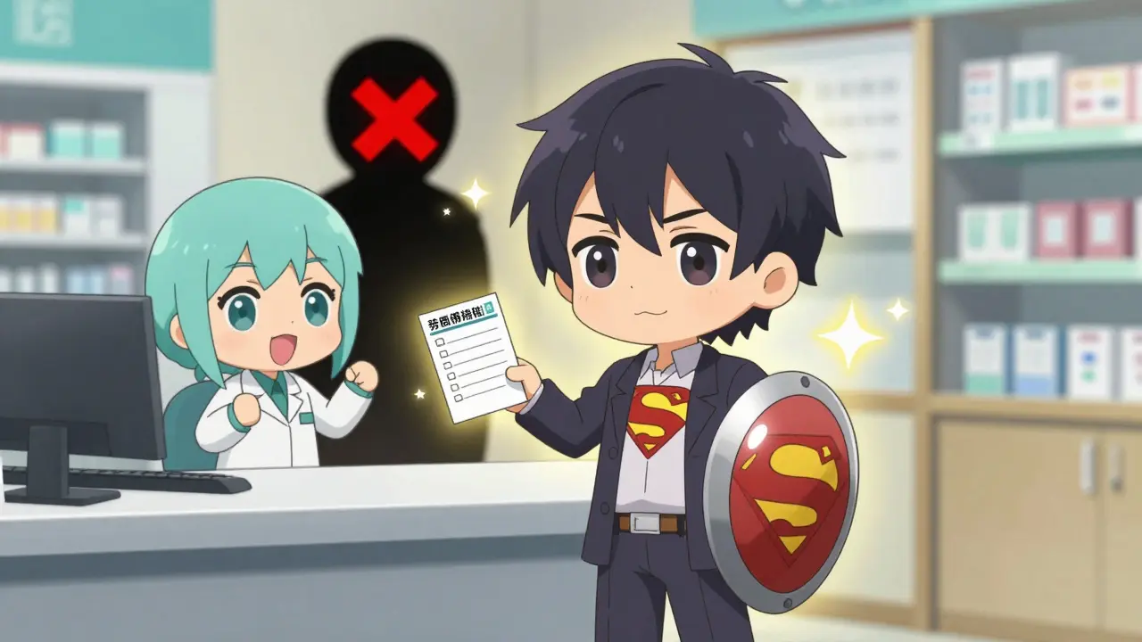 Person presenting a photo of their prescription to a new pharmacist while a shadowy error figure fades away.