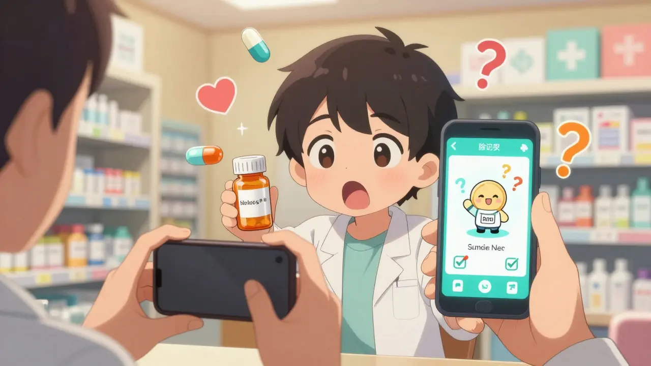 Person taking a photo of a pill bottle with a smartphone app showing a matching medication identifier.