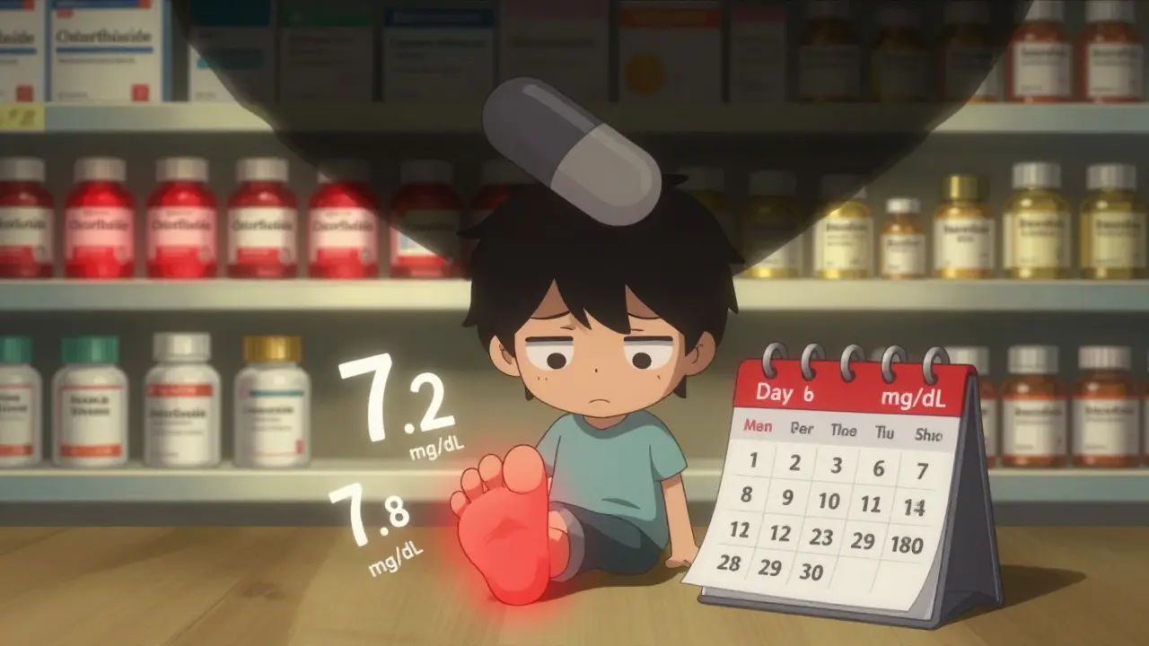 Person with swollen toe and rising uric acid numbers, surrounded by medication bottles