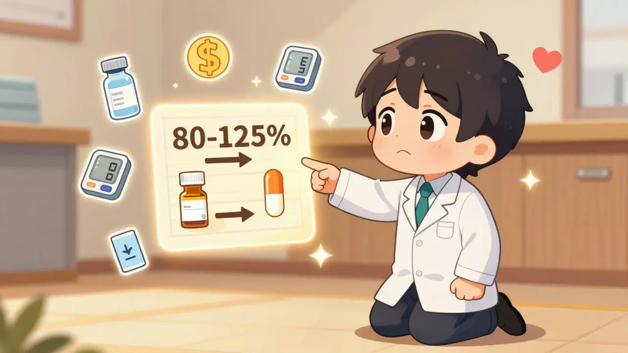 Pharmacist explaining bioequivalence with glowing arrows between generic and brand-name pills, surrounded by health icons.