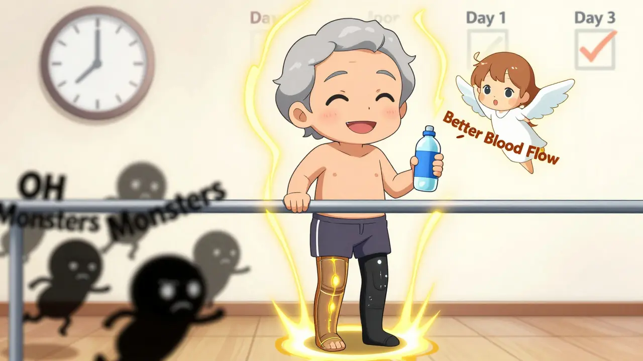 Senior standing safely with compression stockings and water bottle, chasing away dizziness monsters with golden energy lines.