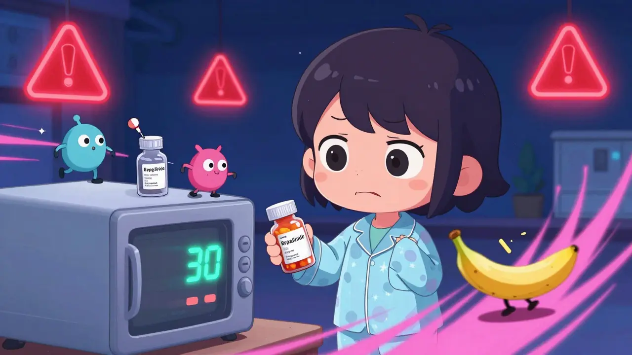 Shift worker with insulin monsters chasing a banana, hypoglycemia warning signs glowing.