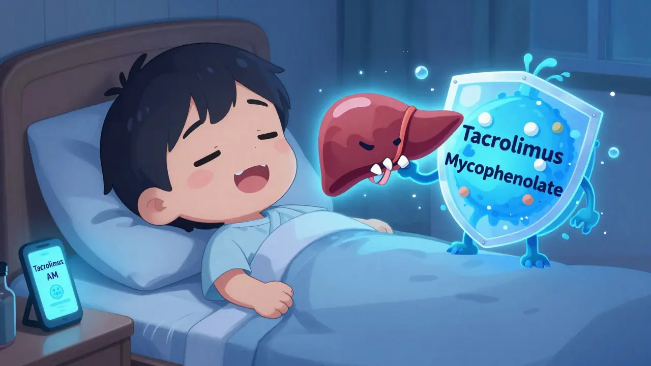 Sleeping patient protected by medicine shield from a cartoon immune system monster attacking a liver.