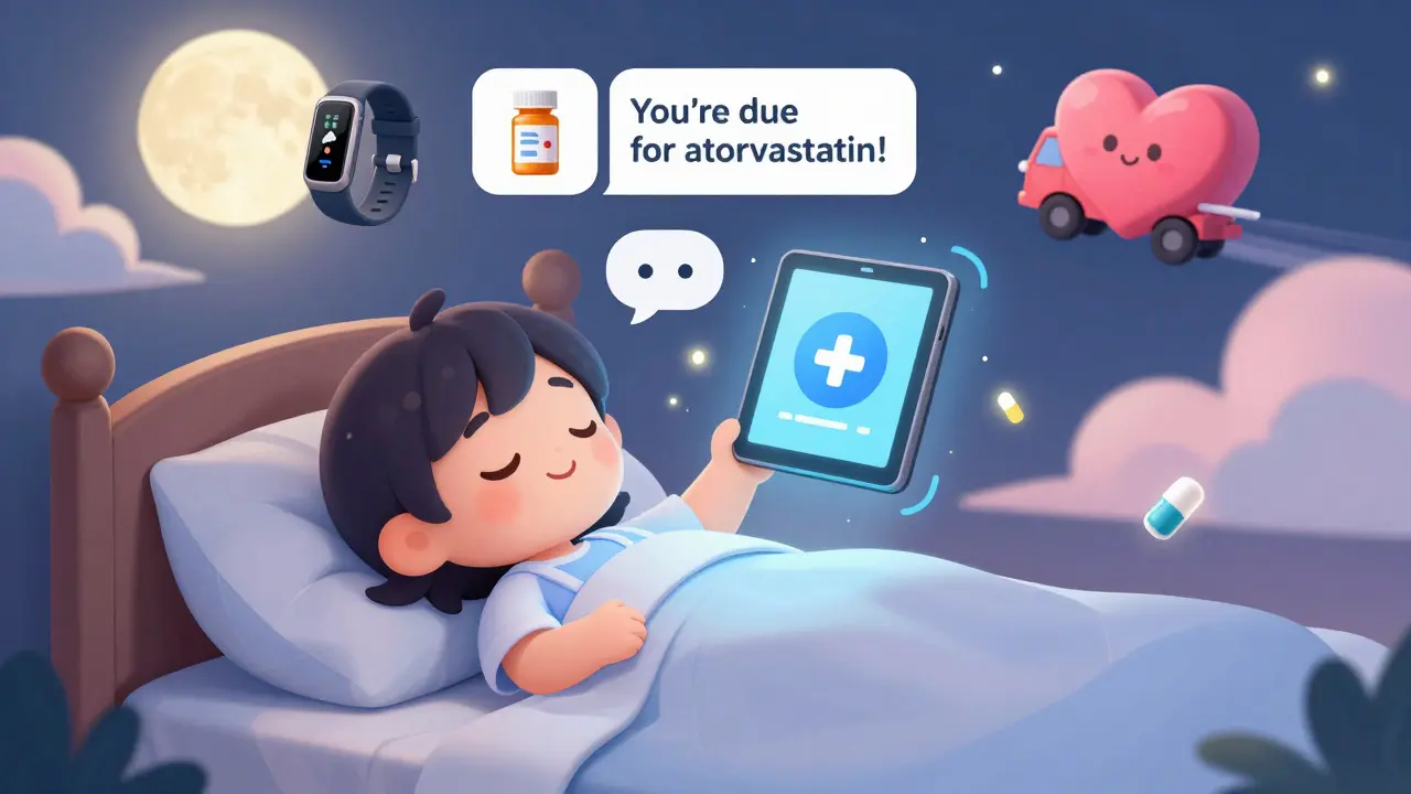 Sleeping patient with AI assistant suggesting refill, floating pills and health icons nearby.
