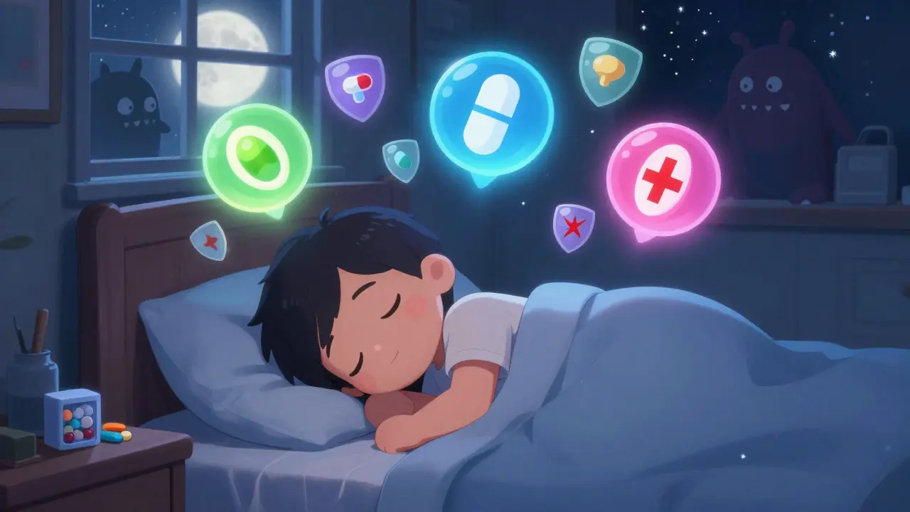 Sleeping person guarded by superhero-style blood pressure medication icons