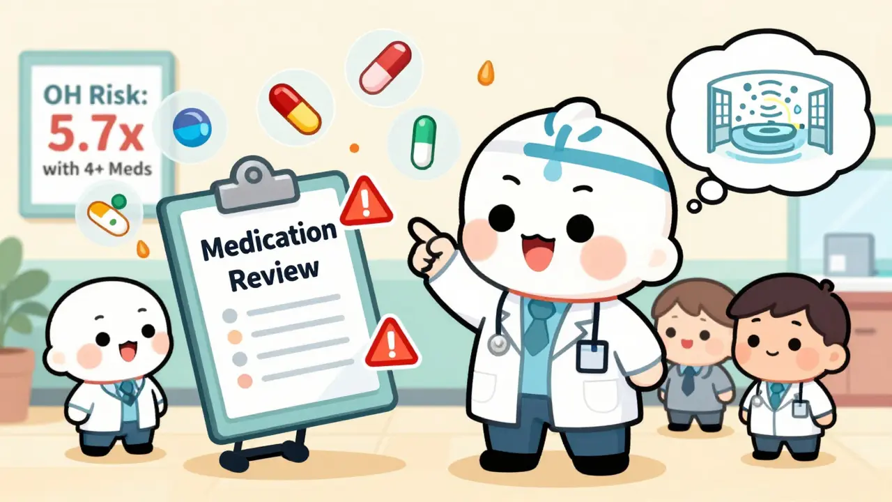 Tiny doctors reviewing a list of medications causing dizziness, with warning signs and cartoonish symptoms floating around.