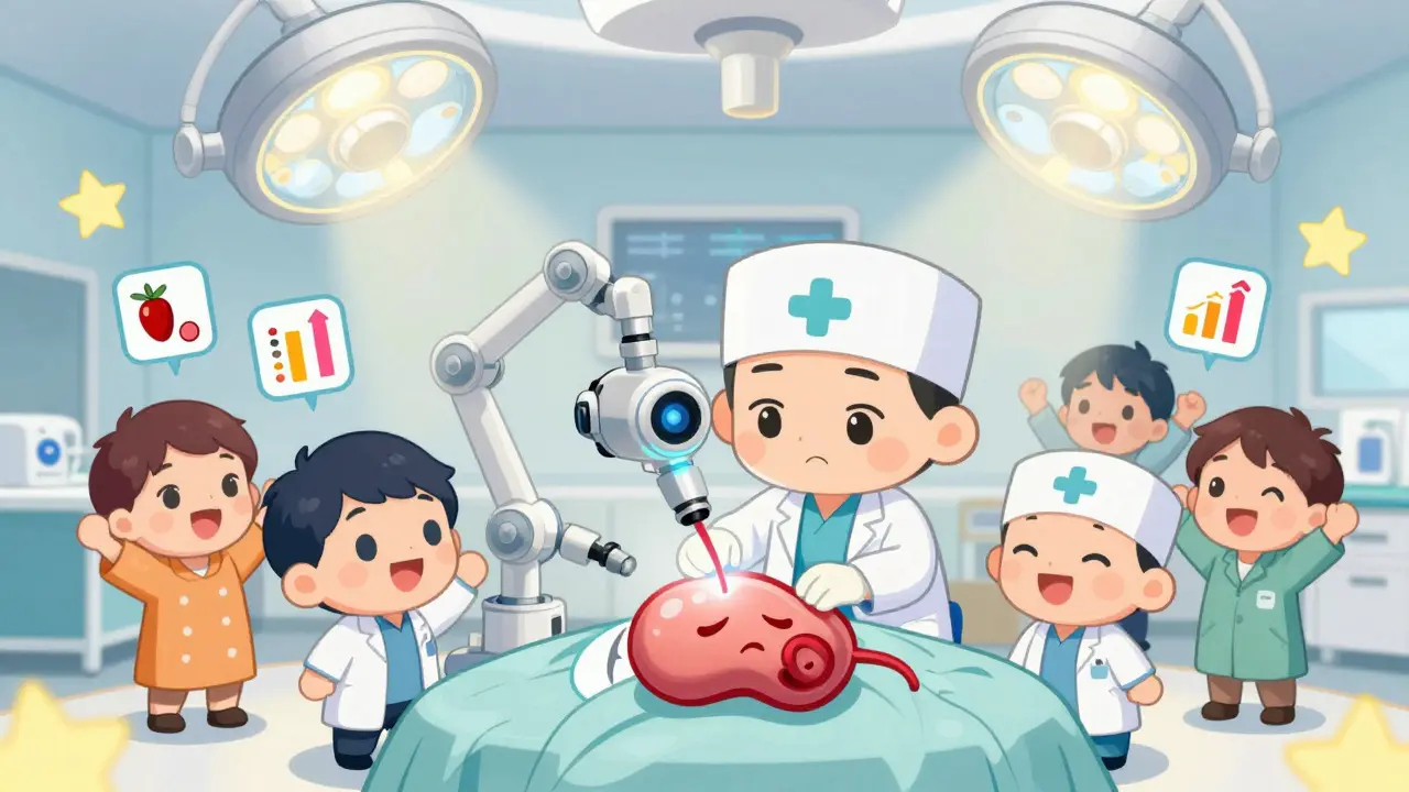 Tiny doctors using robotic arms to remove a cartoon thymus gland, patients cheering with remission bars floating nearby.