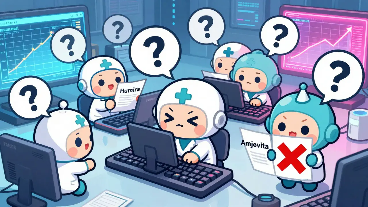 Tiny healthcare workers confused by mixed drug names on oversized computer screens.
